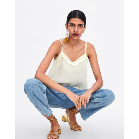 ZARA 100% Linen Cami Ruffle Lace Sleeveless Strappy V neck Tank Top, White - Picture 2 of 13